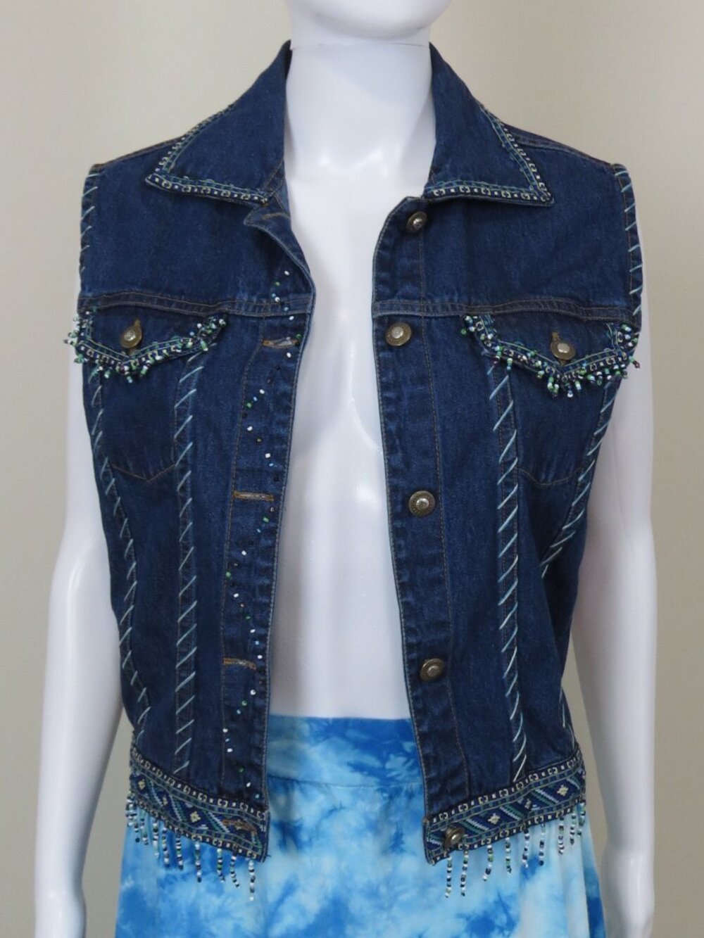 Vintage LIFE STYLE Denim Beaded Vest SIZE Small Southwestern Ribbon, Whipstitch